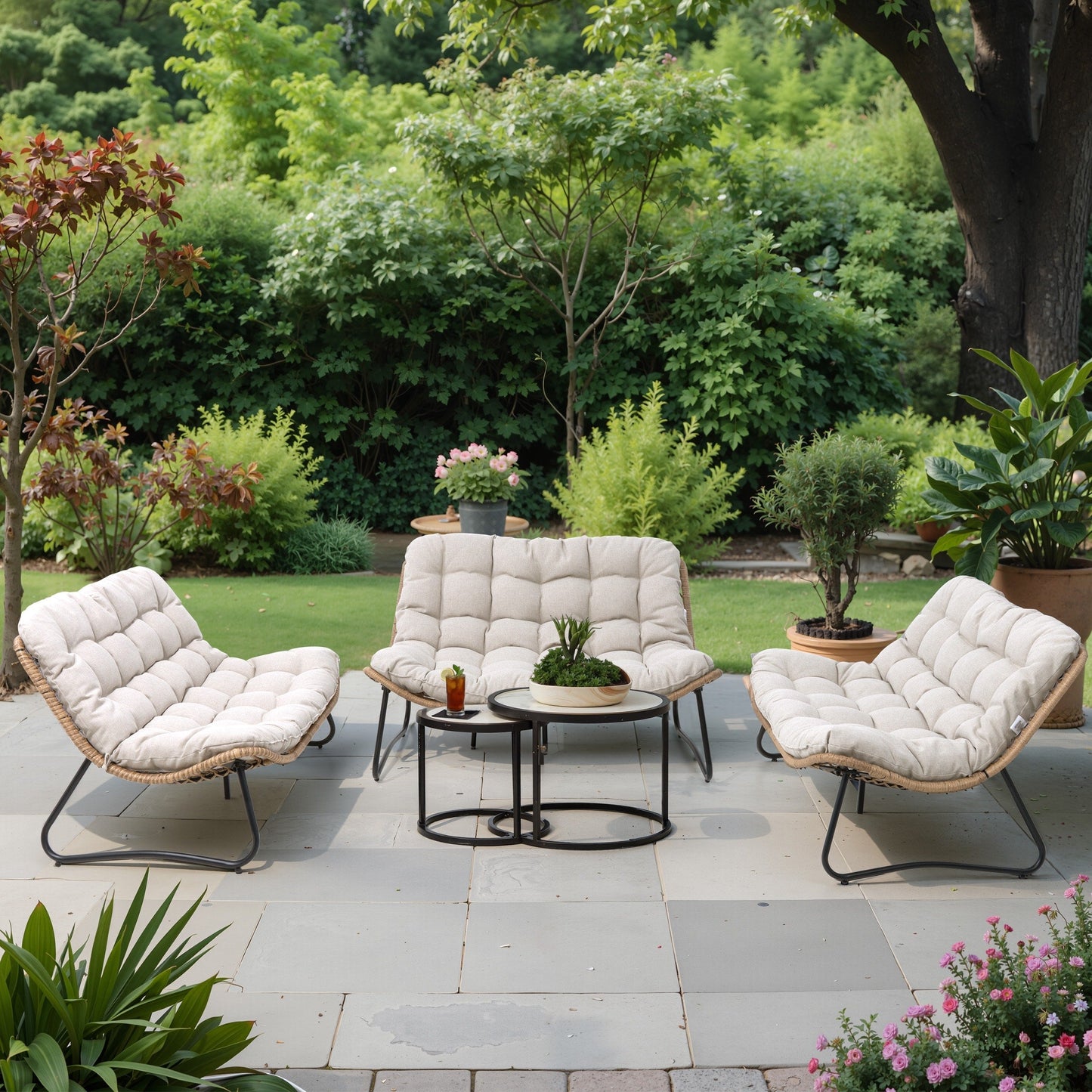 Divano a due posti Papasan con cuscino, in rattan PE resistente alle intemperie e struttura in metallo per interni ed esterni