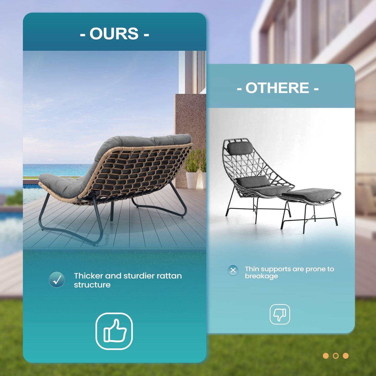 Divano a due posti Papasan con cuscino, in rattan PE resistente alle intemperie e struttura in metallo per interni ed esterni