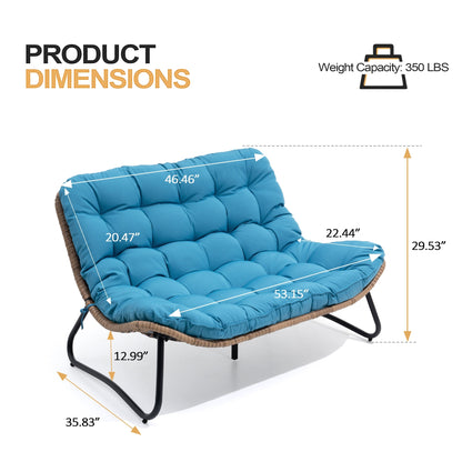 Divano a due posti Papasan con cuscino, in rattan PE resistente alle intemperie e struttura in metallo per interni ed esterni