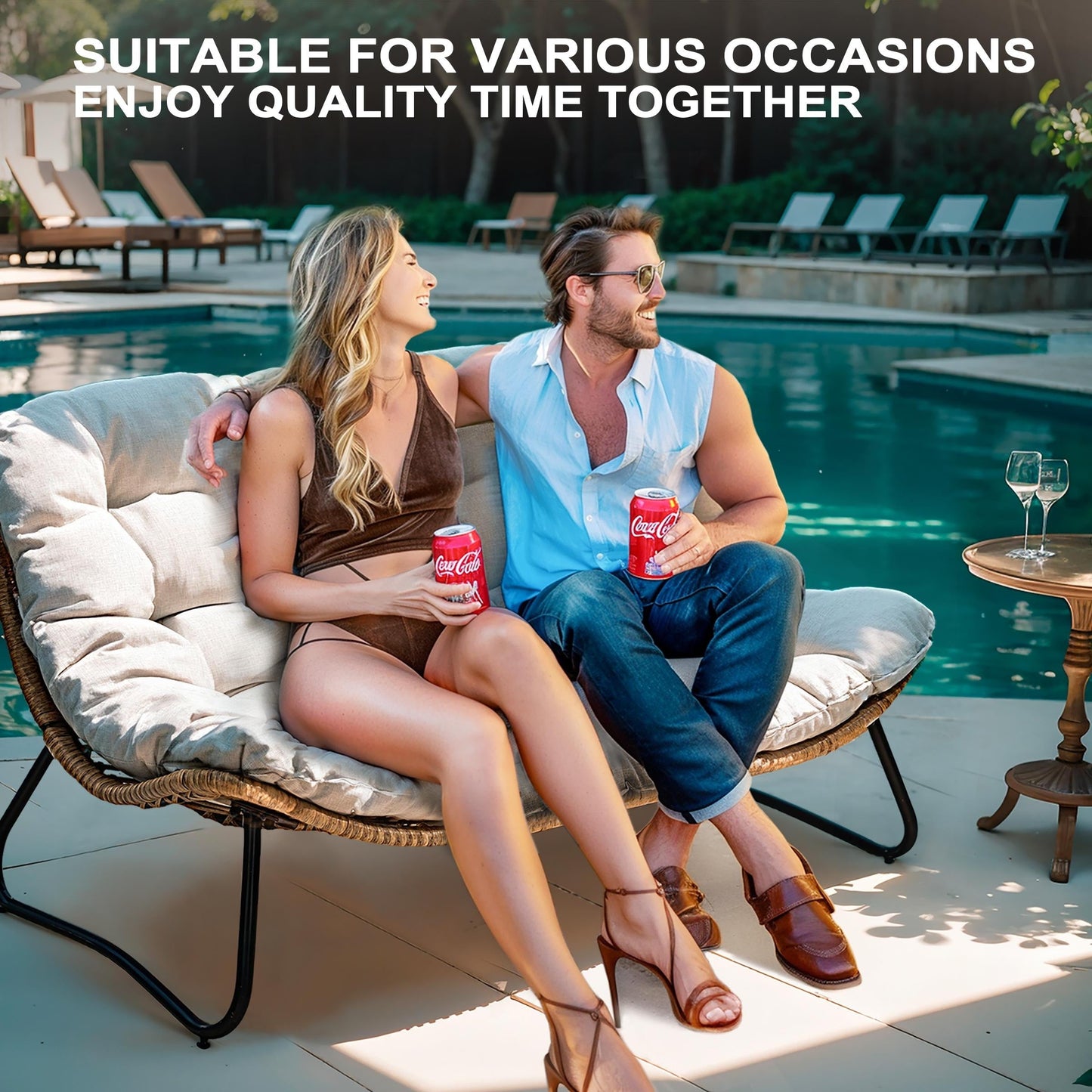 Divano a due posti Papasan con cuscino, in rattan PE resistente alle intemperie e struttura in metallo per interni ed esterni