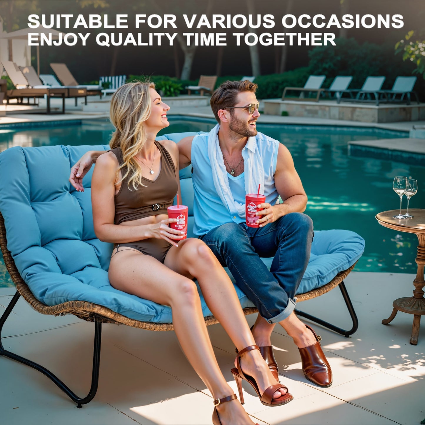 Divano a due posti Papasan con cuscino, in rattan PE resistente alle intemperie e struttura in metallo per interni ed esterni