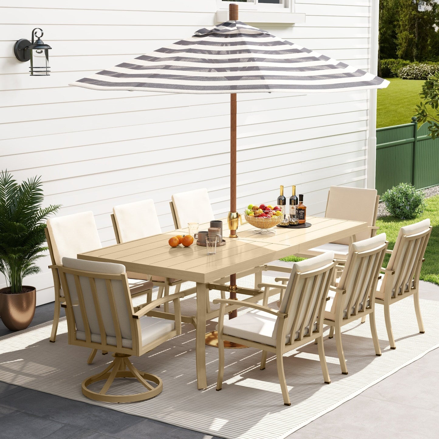 Set da pranzo per patio in alluminio EGEIROS LIFE AluLux da 9 pezzi con 2 sedie da pranzo girevoli, 6 sedie da pranzo e cuscini lavabili