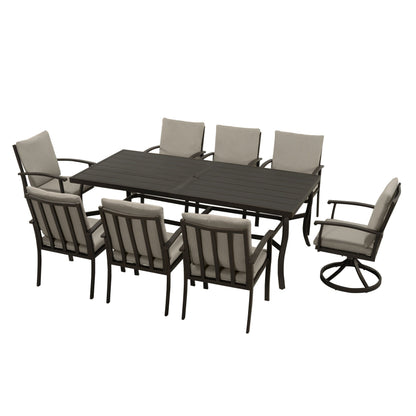 Set da pranzo per patio in alluminio EGEIROS LIFE AluLux da 9 pezzi con 2 sedie da pranzo girevoli, 6 sedie da pranzo e cuscini lavabili