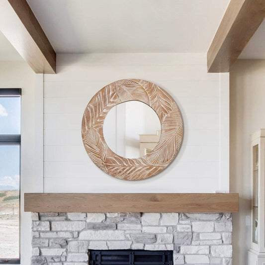 Specchio da parete rotondo in legno intagliato stile fattoria - 28 x 28
