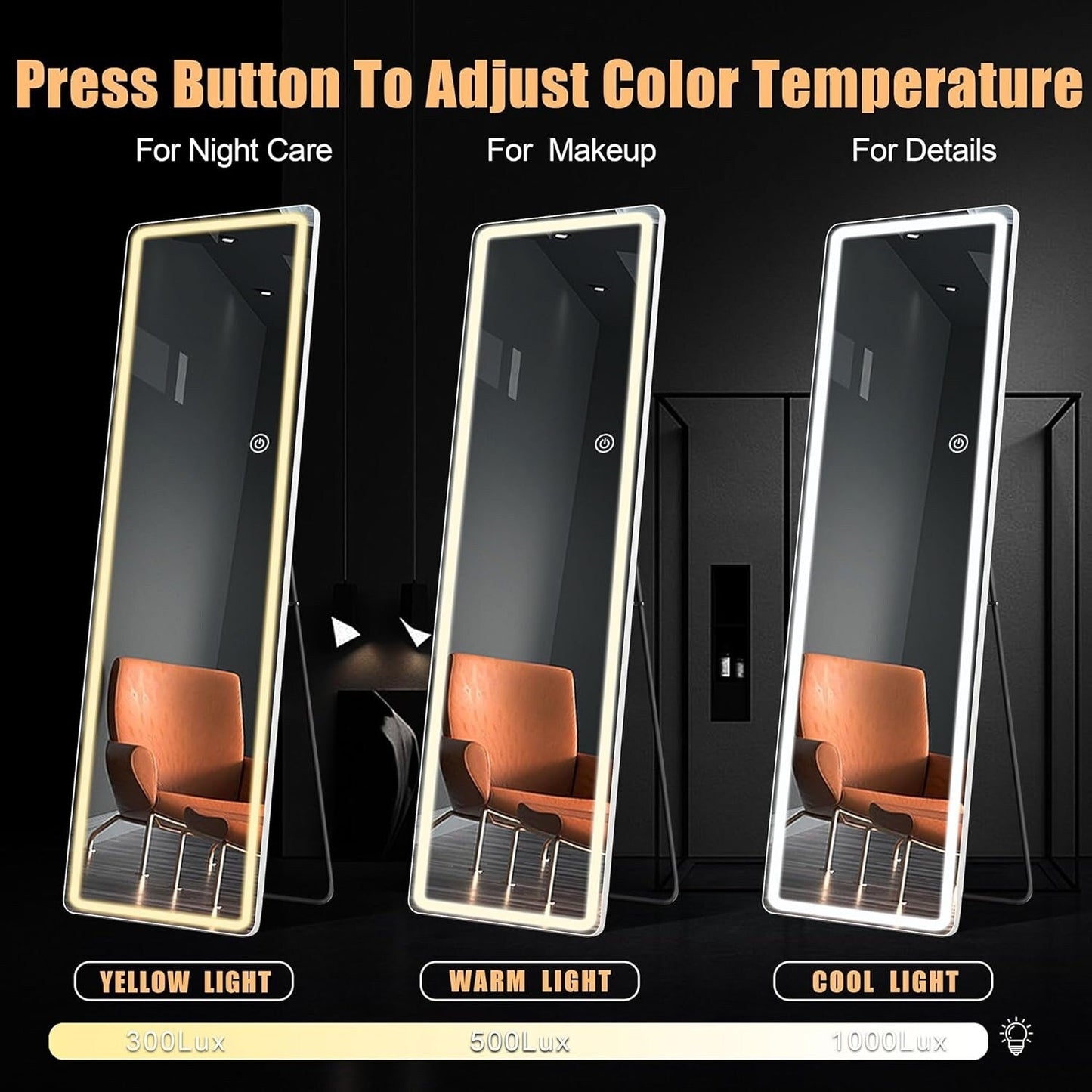 Specchio da terra con luce LED, specchio a figura intera 64 x 21 con supporto, specchio sospeso, specchio da parete, specchio a figura intera