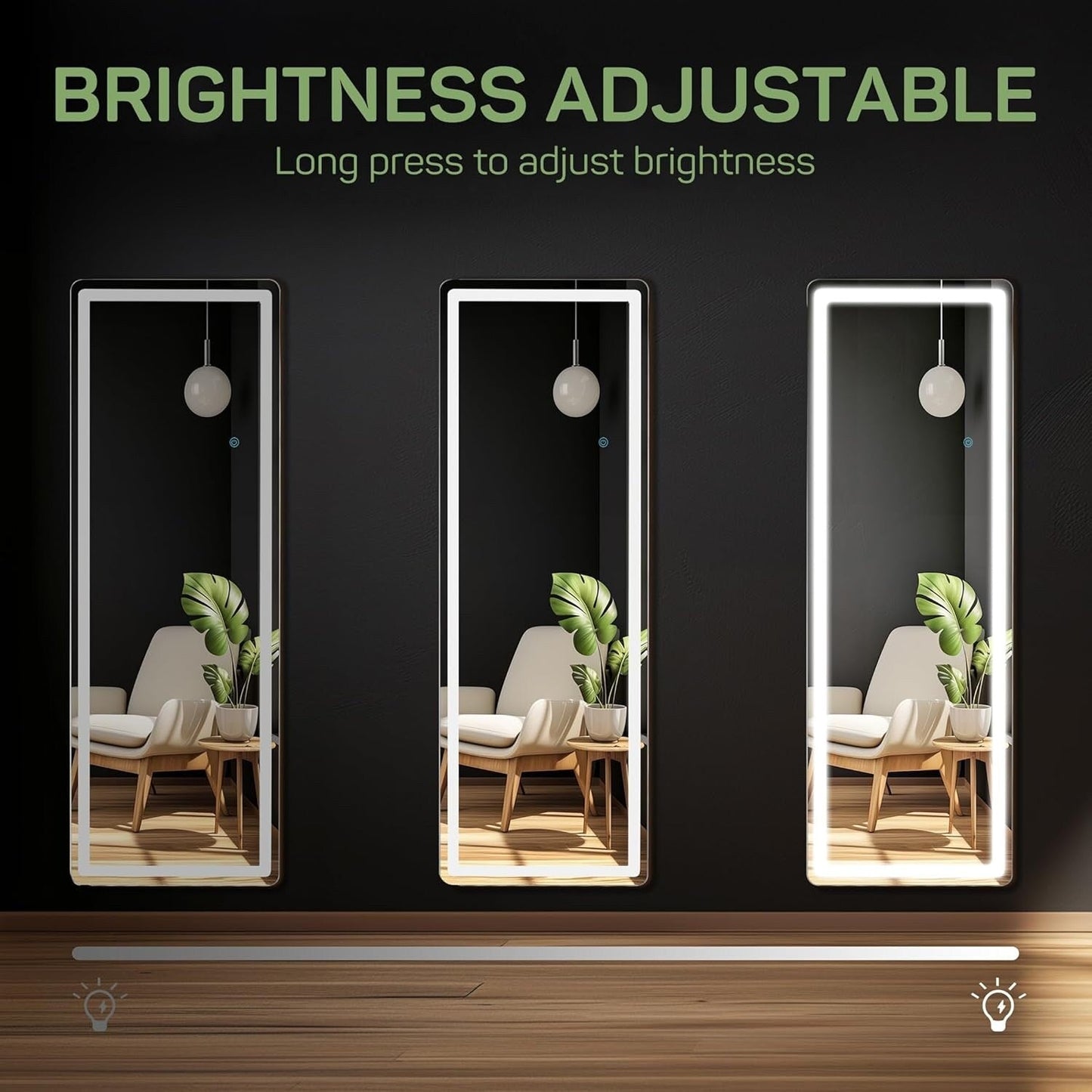 Specchio da terra con luce LED, specchio a figura intera 64 x 21 con supporto, specchio sospeso, specchio da parete, specchio a figura intera