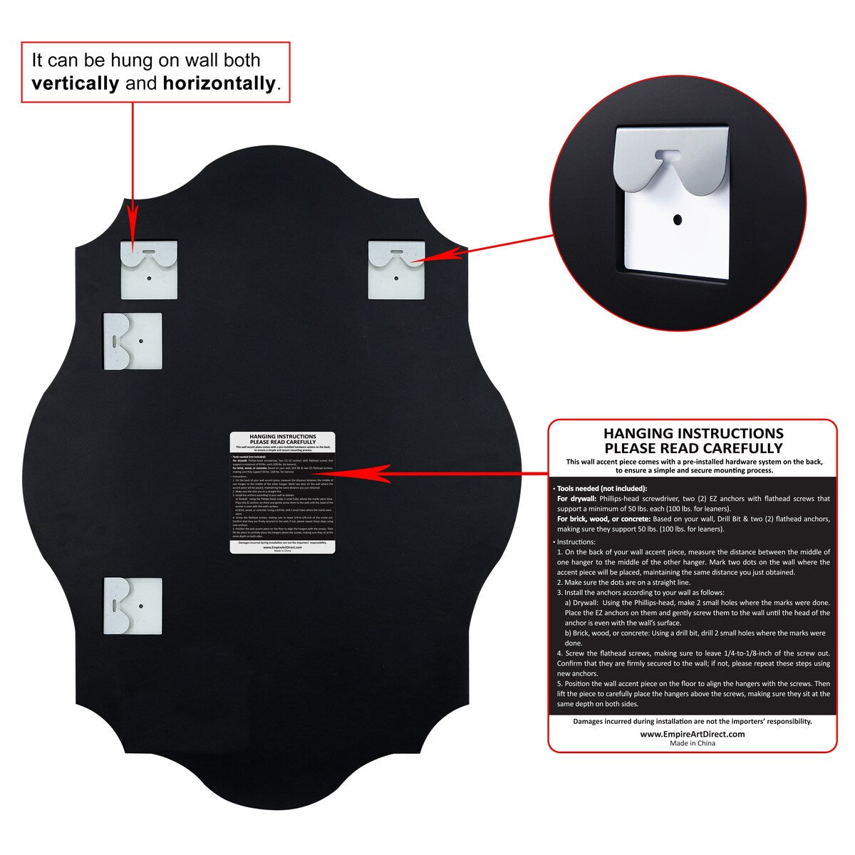 Specchio da parete elegante, oblungo, smussato e smerlato, senza cornice