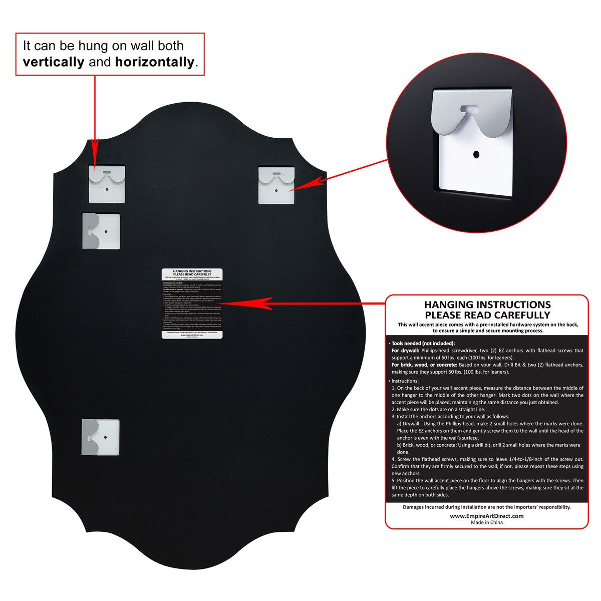 Specchio da parete elegante, oblungo, smussato e smerlato, senza cornice