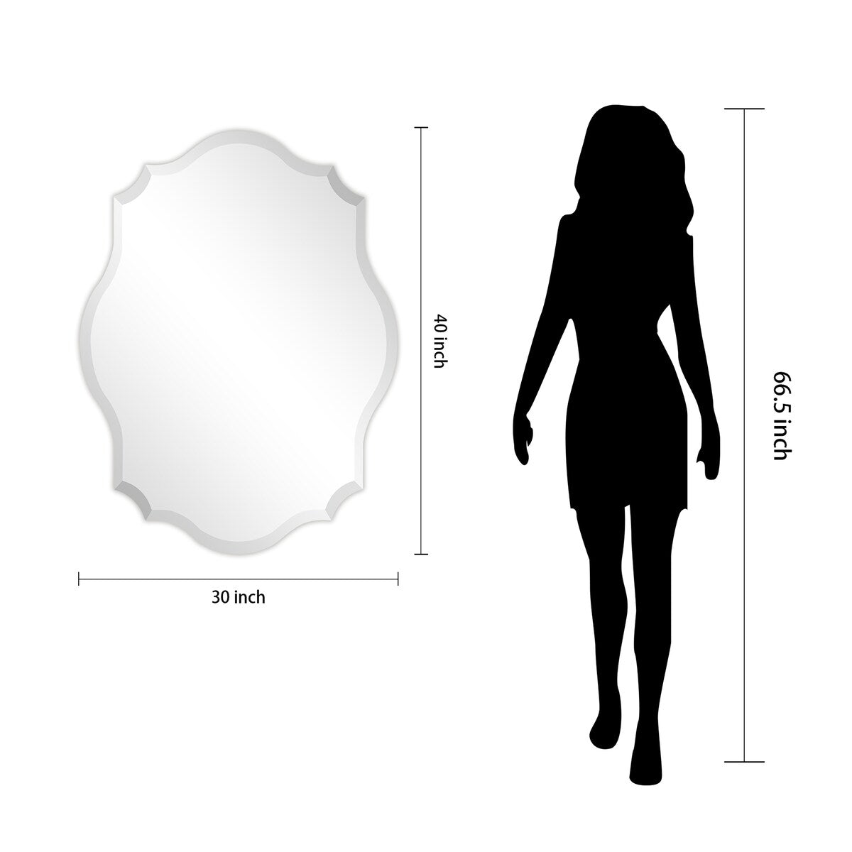 Specchio da parete elegante, oblungo, smussato e smerlato, senza cornice