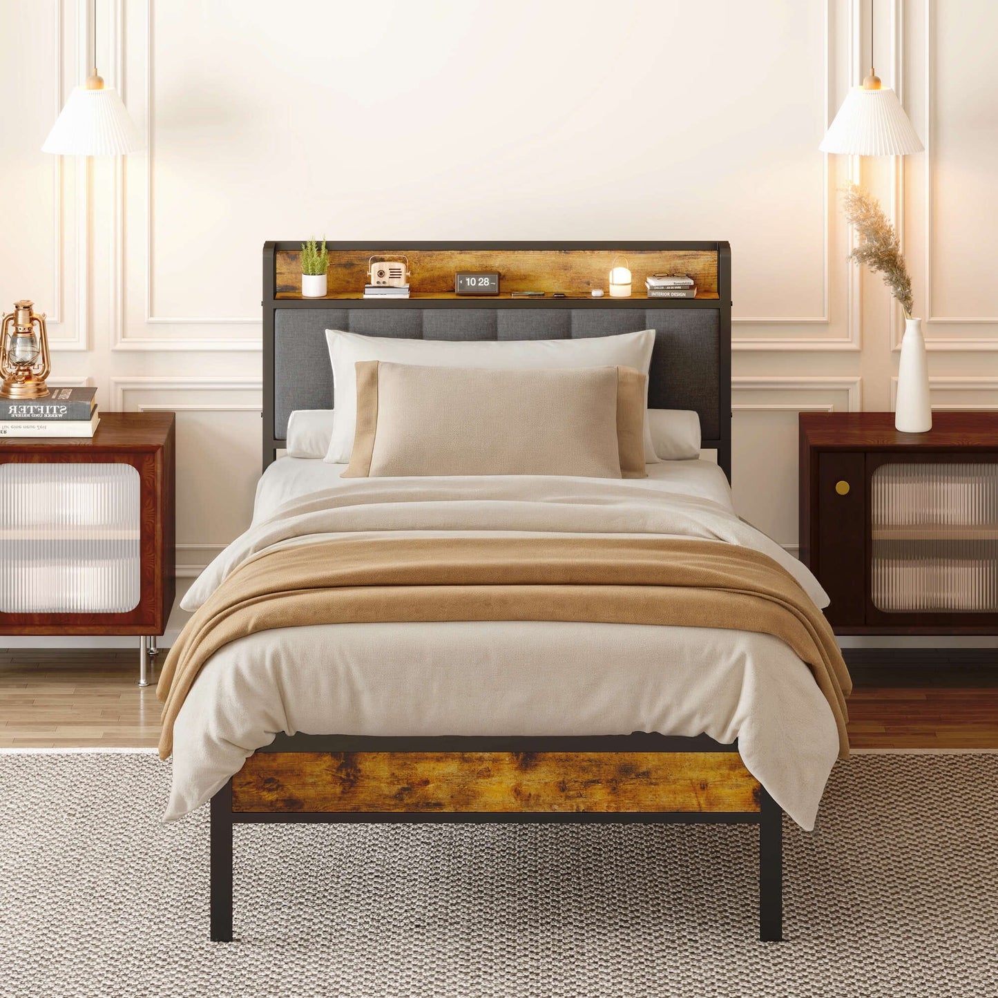 Letto matrimoniale/matrimoniale/queen size/king size con struttura in metallo e testiera imbottita con contenitore