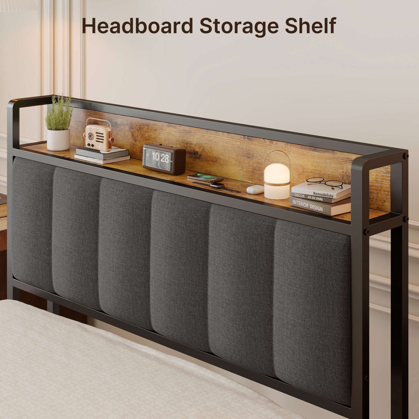 Letto matrimoniale/matrimoniale/queen size/king size con struttura in metallo e testiera imbottita con contenitore