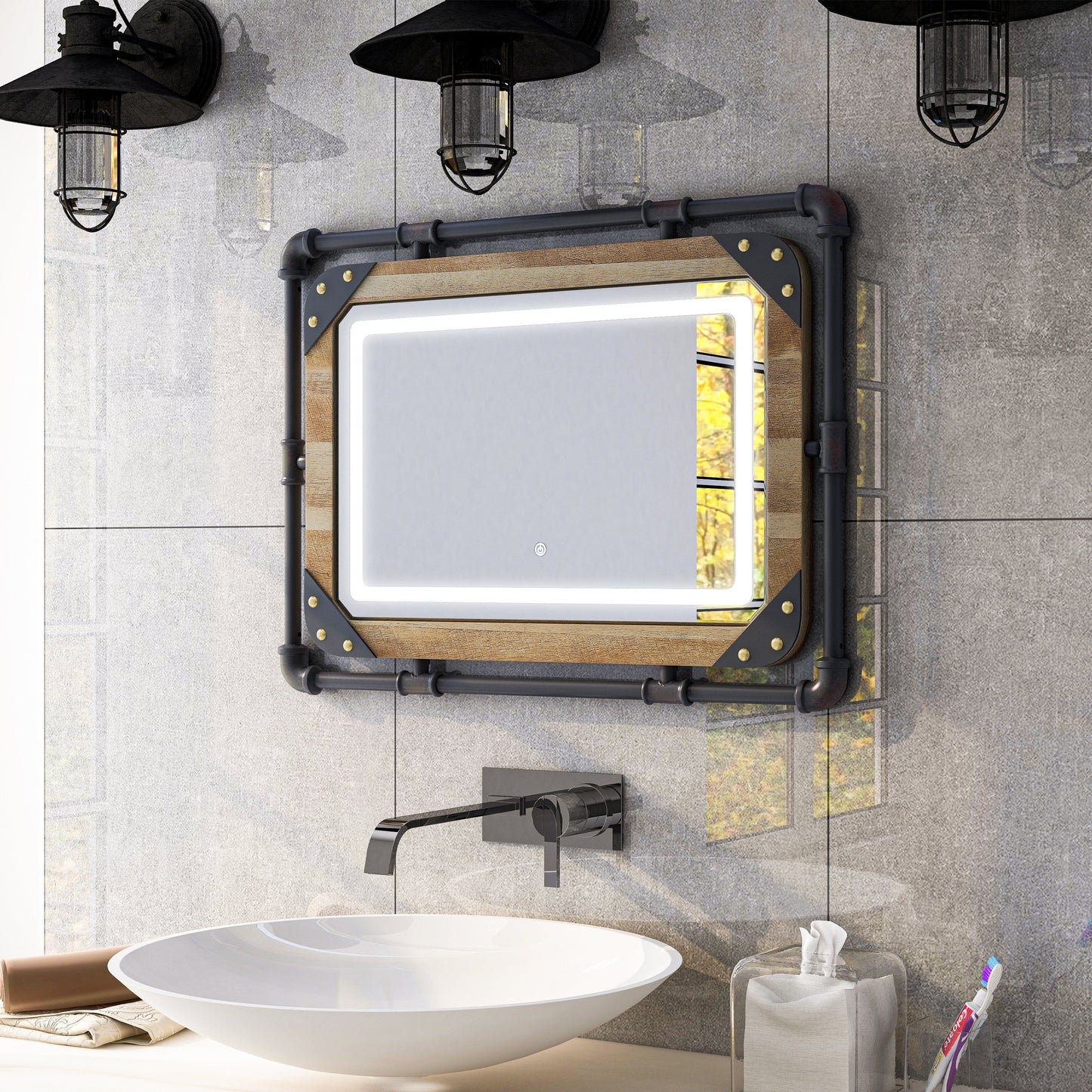 Specchio da parete in metallo industriale Inyo di Furniture of America con luci a LED