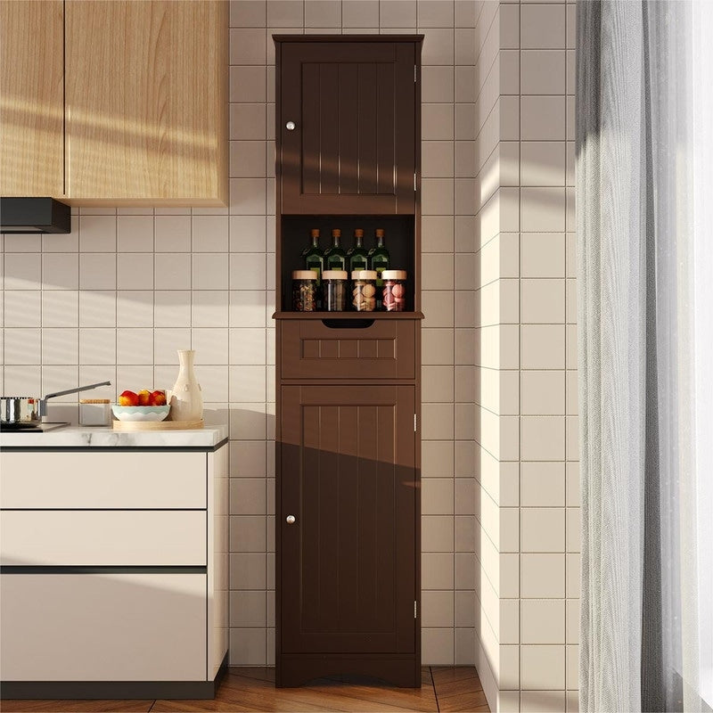 Mobiletto stretto per la biancheria da bagno alto 67'', mobiletto portaoggetti indipendente in legno massello a 5 ripiani