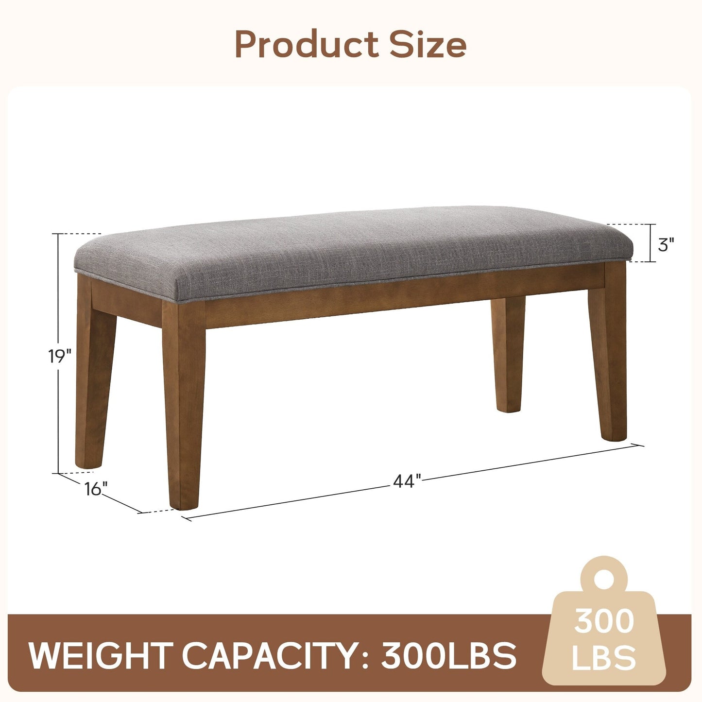 Panca da ingresso imbottita in tessuto, panca da camera da letto per la parte inferiore del letto beige, in legno massello da 44 pollici