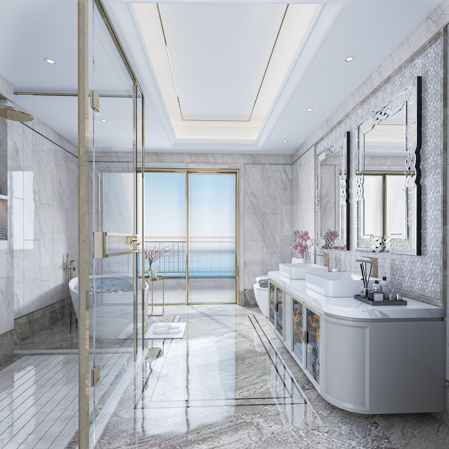 Grande specchio da parete a incastro con perline di cristallo rettangolare