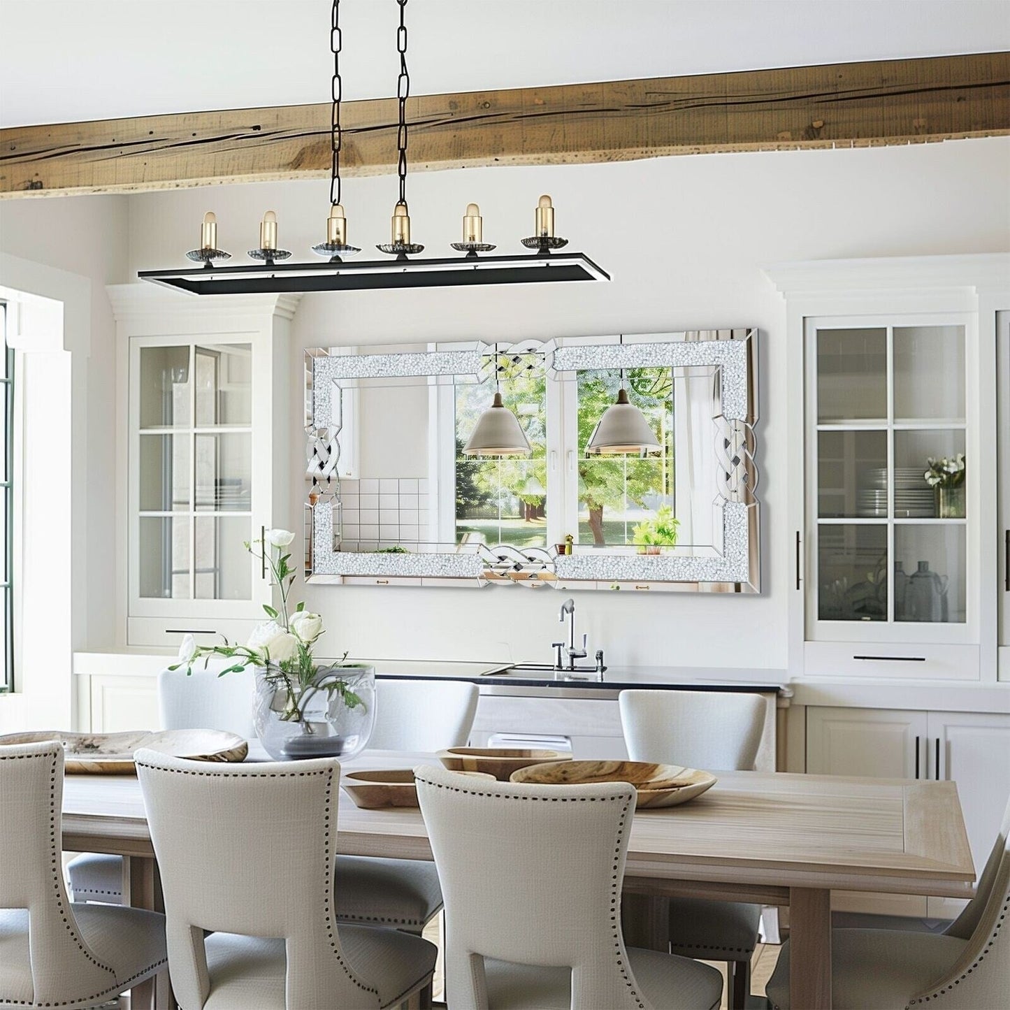 Grande specchio da parete a incastro con perline di cristallo rettangolare