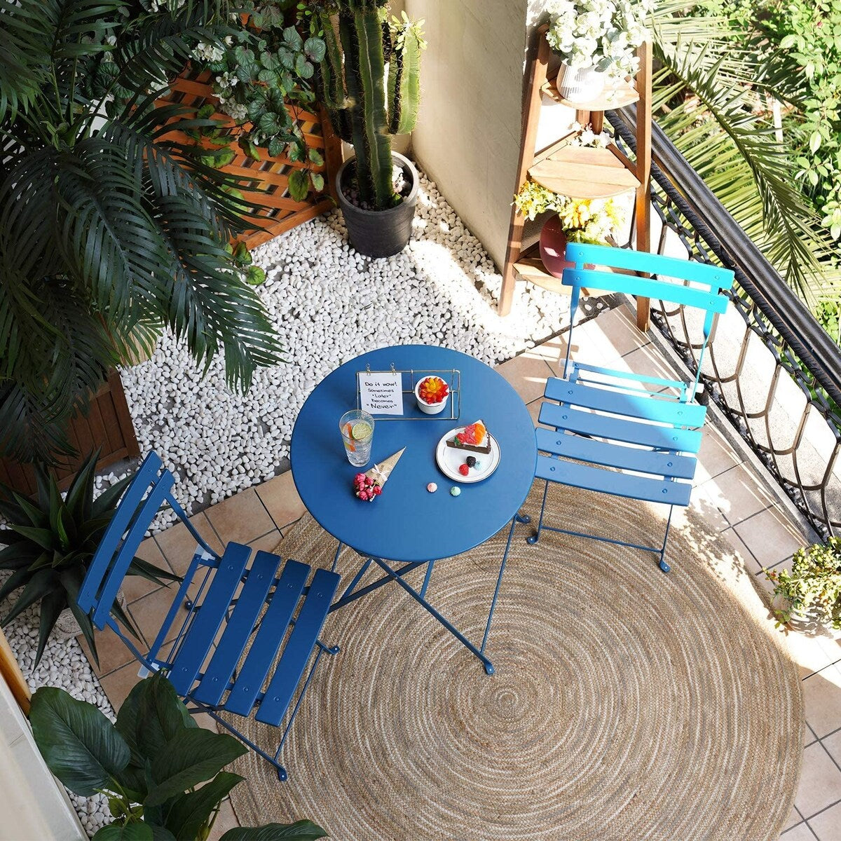 Set da bistrot pieghevole in metallo da 3 pezzi, set da conversazione per esterni/interni resistente alle intemperie per patio, cortile, giardino