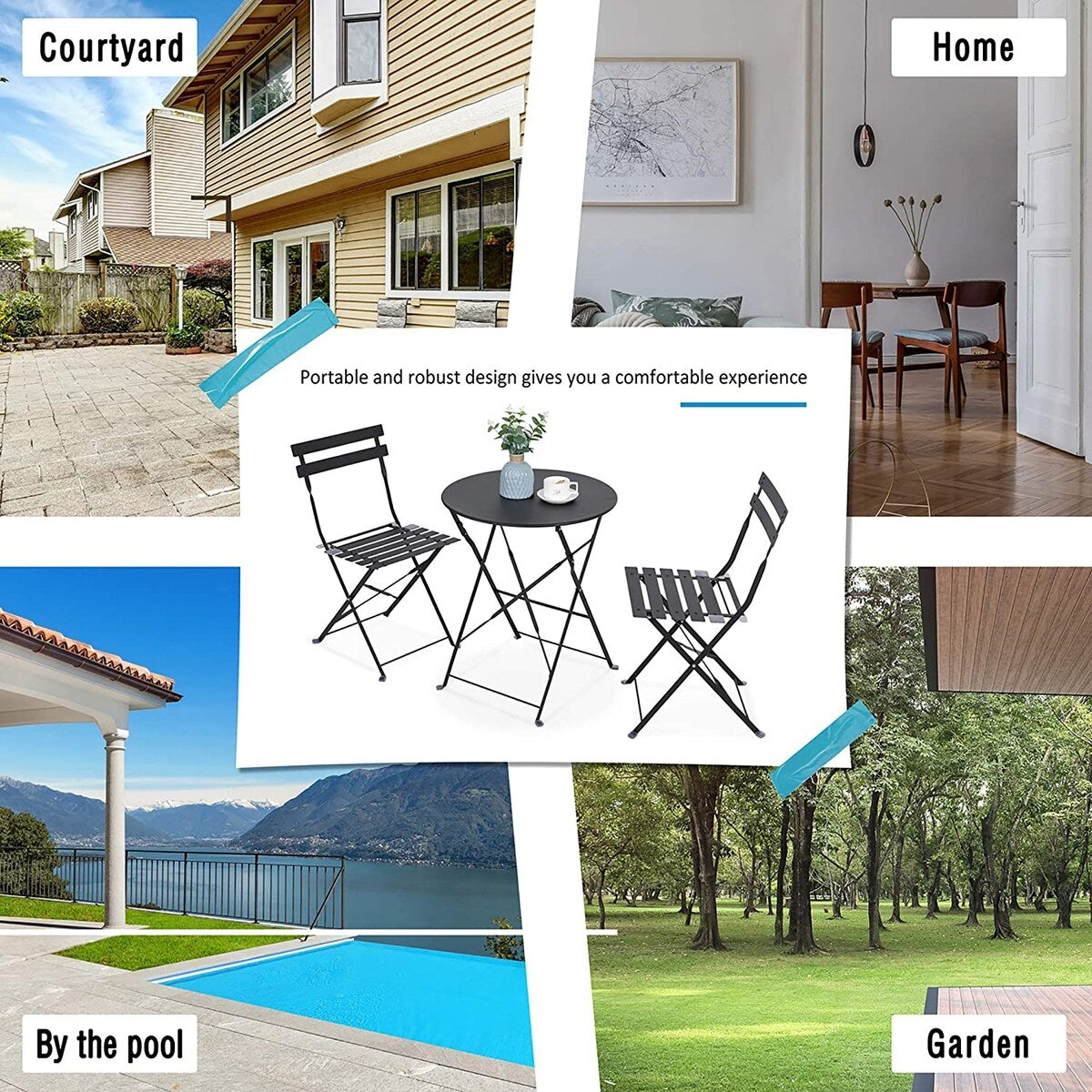 Set da bistrot pieghevole in metallo da 3 pezzi, set da conversazione per esterni/interni resistente alle intemperie per patio, cortile, giardino