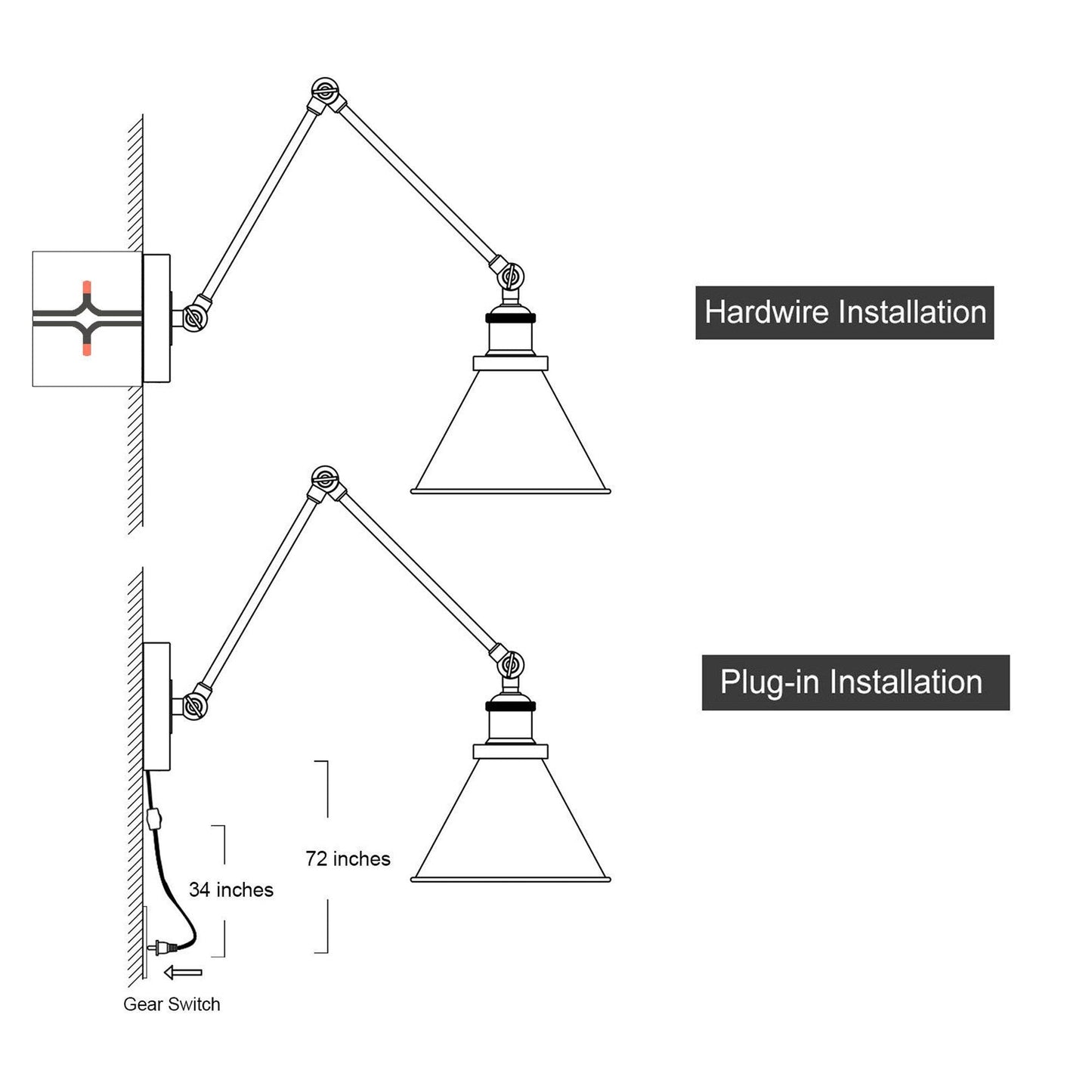 Set di 2 moderne luci a braccio oscillante regolabili, applique da parete cablate e con spina