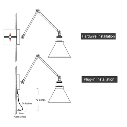 Set di 2 moderne luci a braccio oscillante regolabili, applique da parete cablate e con spina
