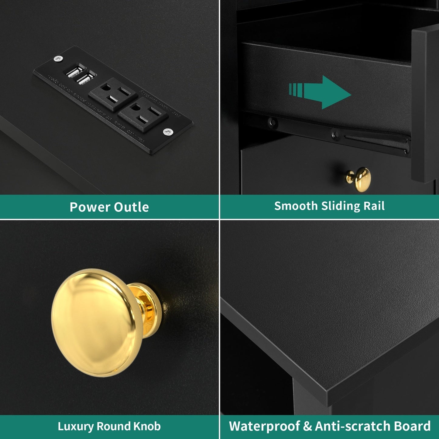 Set di 2 comodini con stazione di ricarica, tavolino laterale con 2 cassetti, porte USB e prese, comodino