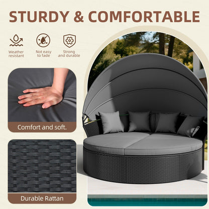 Set di divani componibili rotondi da esterno Nuon in vimini nero da 4 pezzi con baldacchino retrattile di Havenside Home