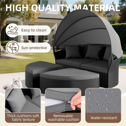 Set di divani componibili rotondi da esterno Nuon in vimini nero da 4 pezzi con baldacchino retrattile di Havenside Home