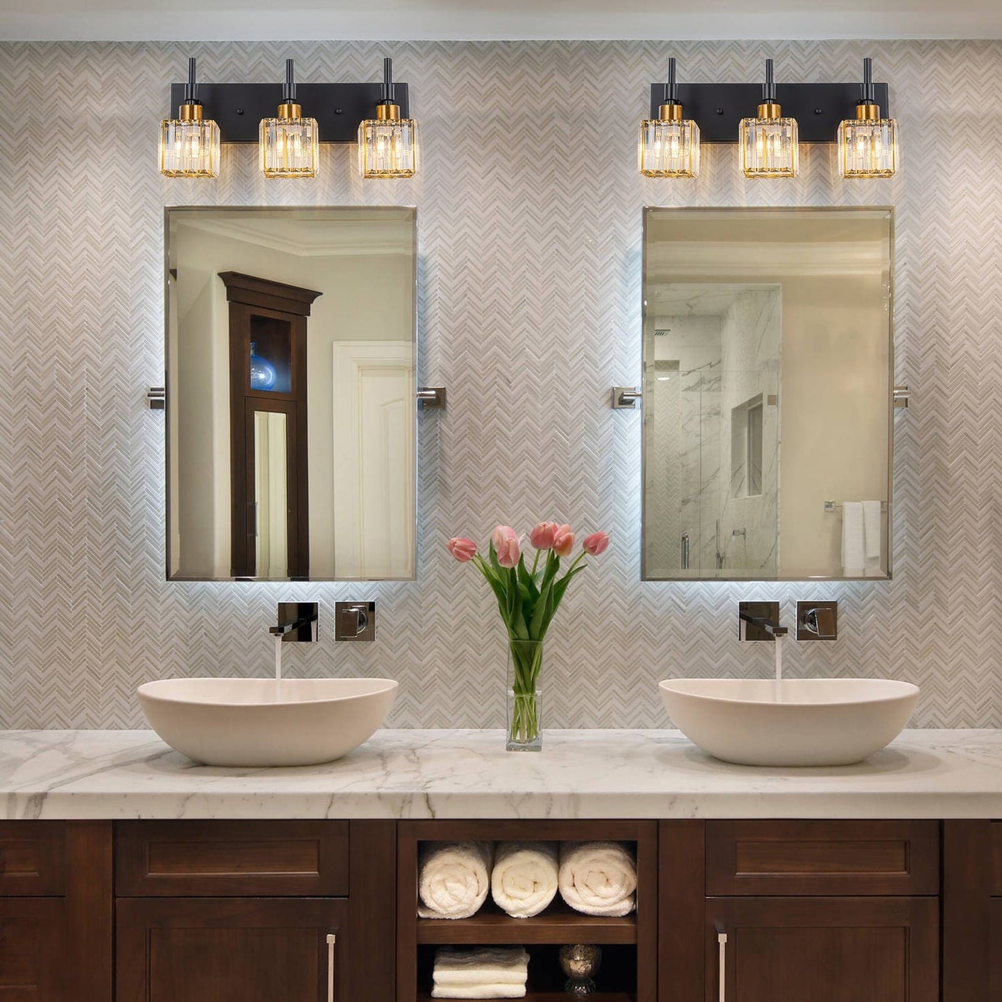 Ora Modern, lampade da bagno in cristallo dimmerabili sopra lo specchio, luci glamour per il bagno