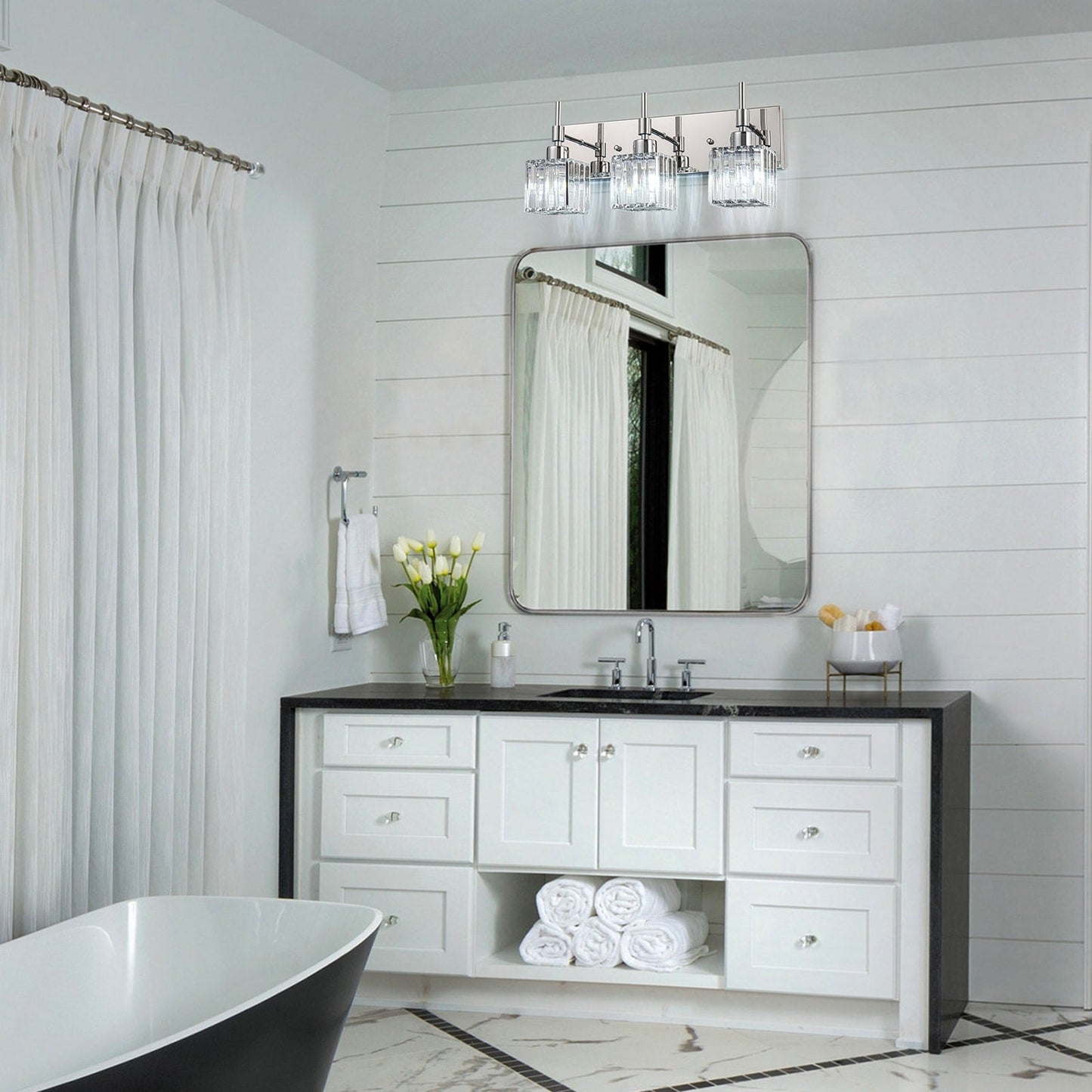 Ora Modern, lampade da bagno in cristallo dimmerabili sopra lo specchio, luci glamour per il bagno