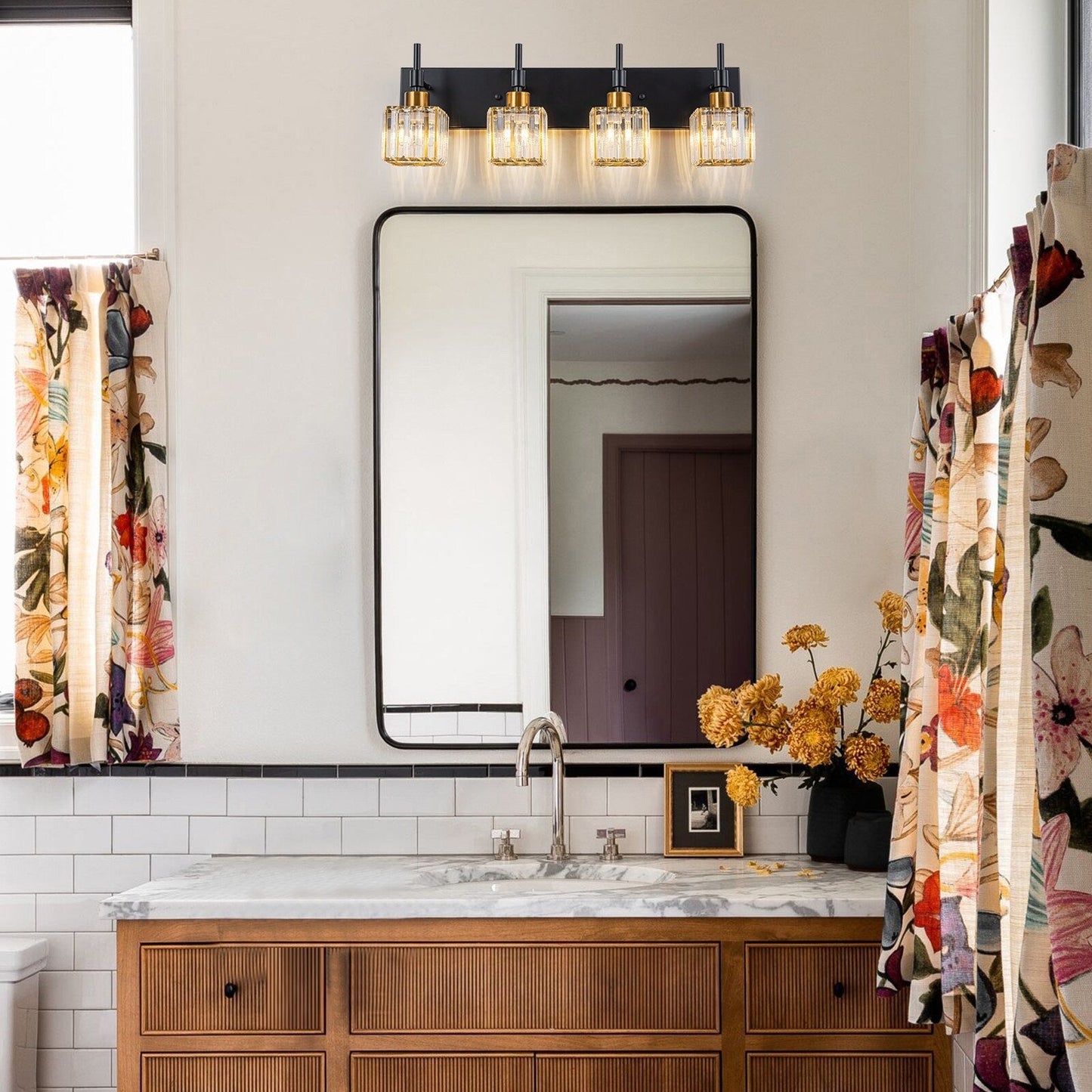 Ora Modern, lampade da bagno in cristallo dimmerabili sopra lo specchio, luci glamour per il bagno