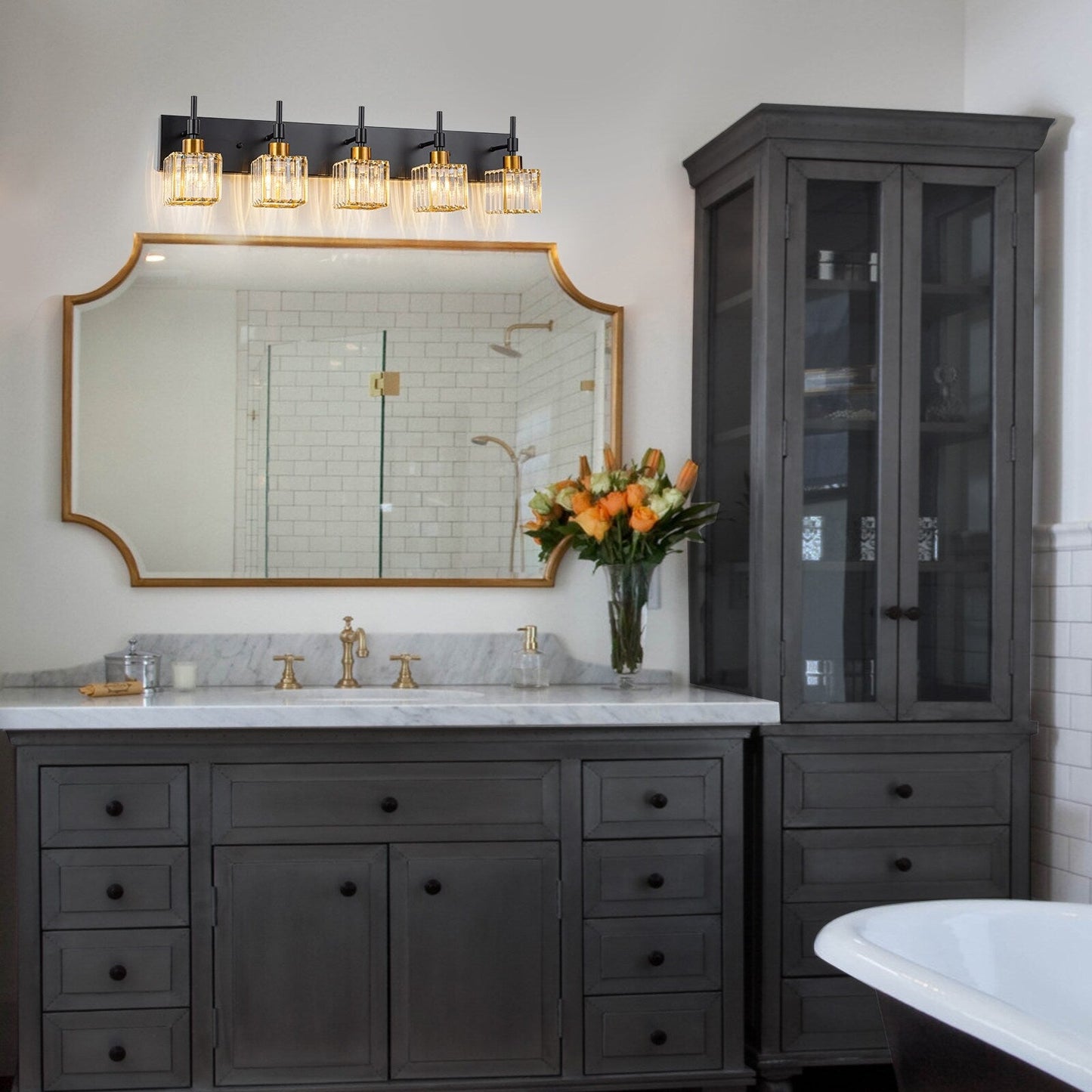 Ora Modern, lampade da bagno in cristallo dimmerabili sopra lo specchio, luci glamour per il bagno