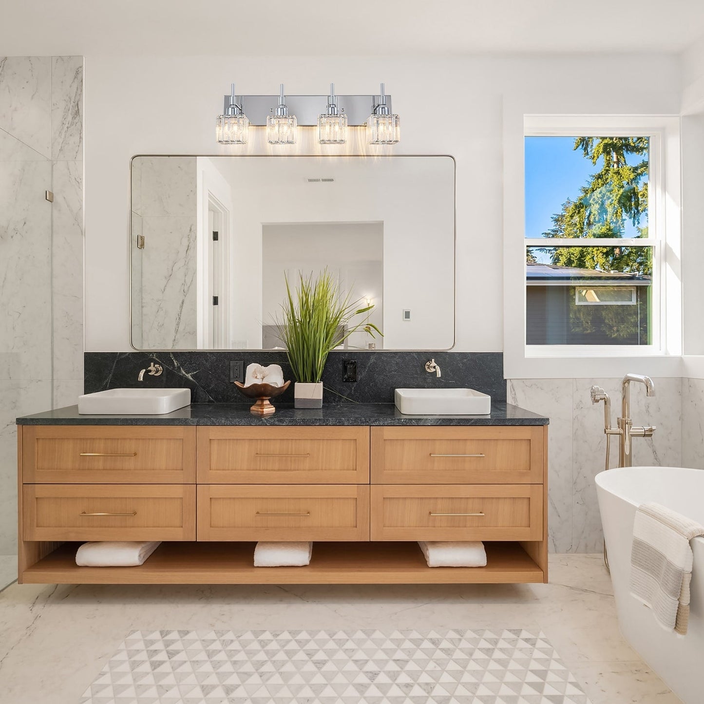 Ora Modern, lampade da bagno in cristallo dimmerabili sopra lo specchio, luci glamour per il bagno