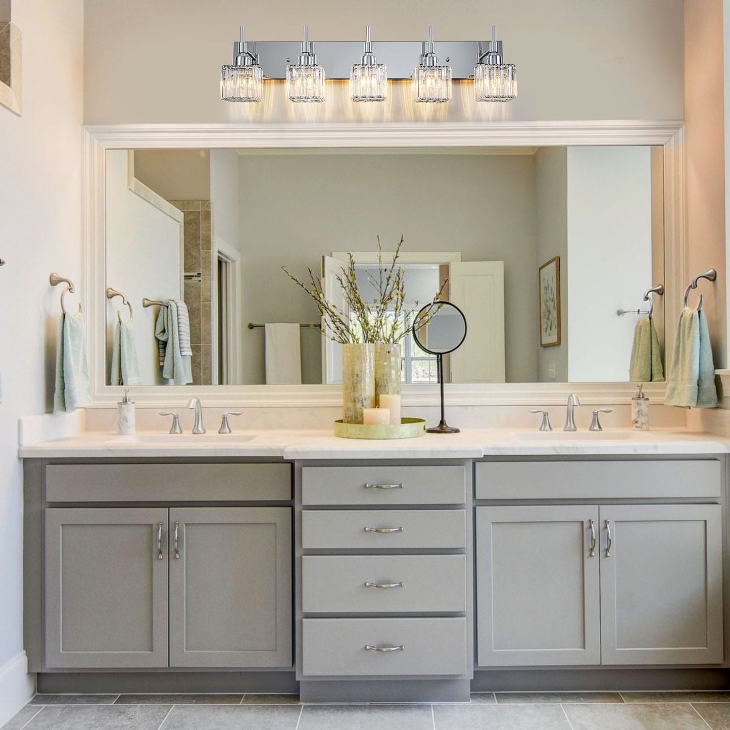 Ora Modern, lampade da bagno in cristallo dimmerabili sopra lo specchio, luci glamour per il bagno