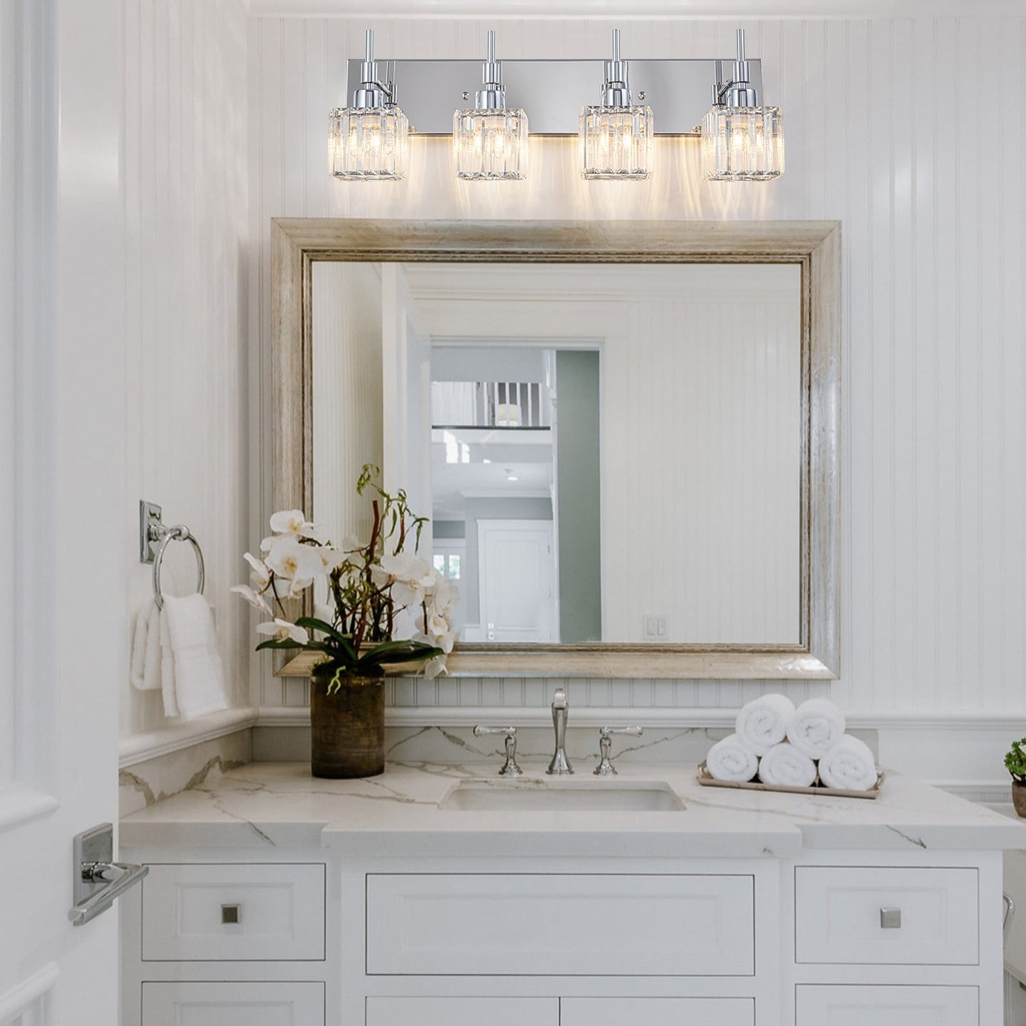 Ora Modern, lampade da bagno in cristallo dimmerabili sopra lo specchio, luci glamour per il bagno