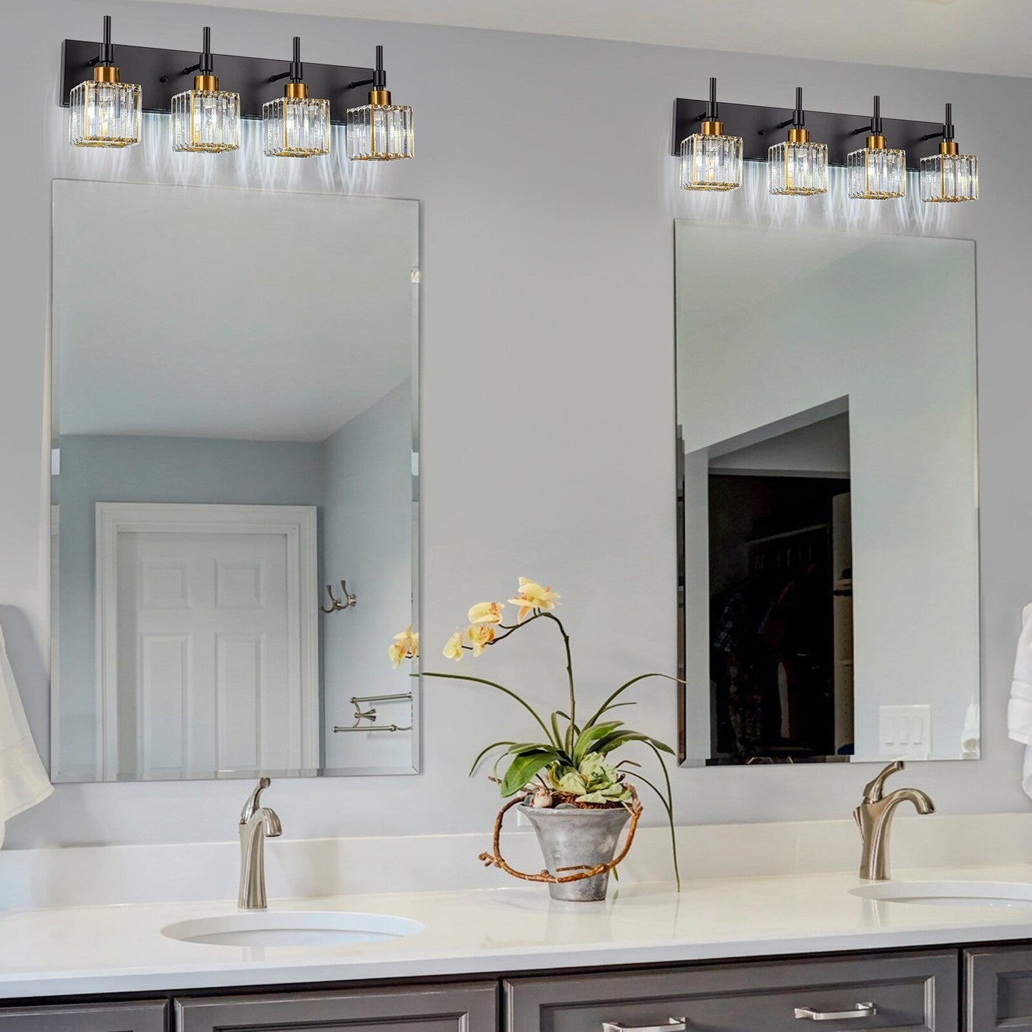 Ora Modern, lampade da bagno in cristallo dimmerabili sopra lo specchio, luci glamour per il bagno