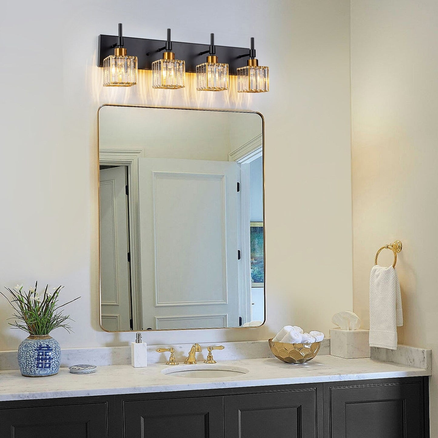 Ora Modern, lampade da bagno in cristallo dimmerabili sopra lo specchio, luci glamour per il bagno