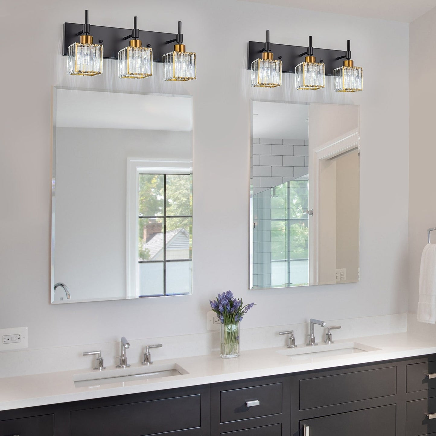 Ora Modern, lampade da bagno in cristallo dimmerabili sopra lo specchio, luci glamour per il bagno