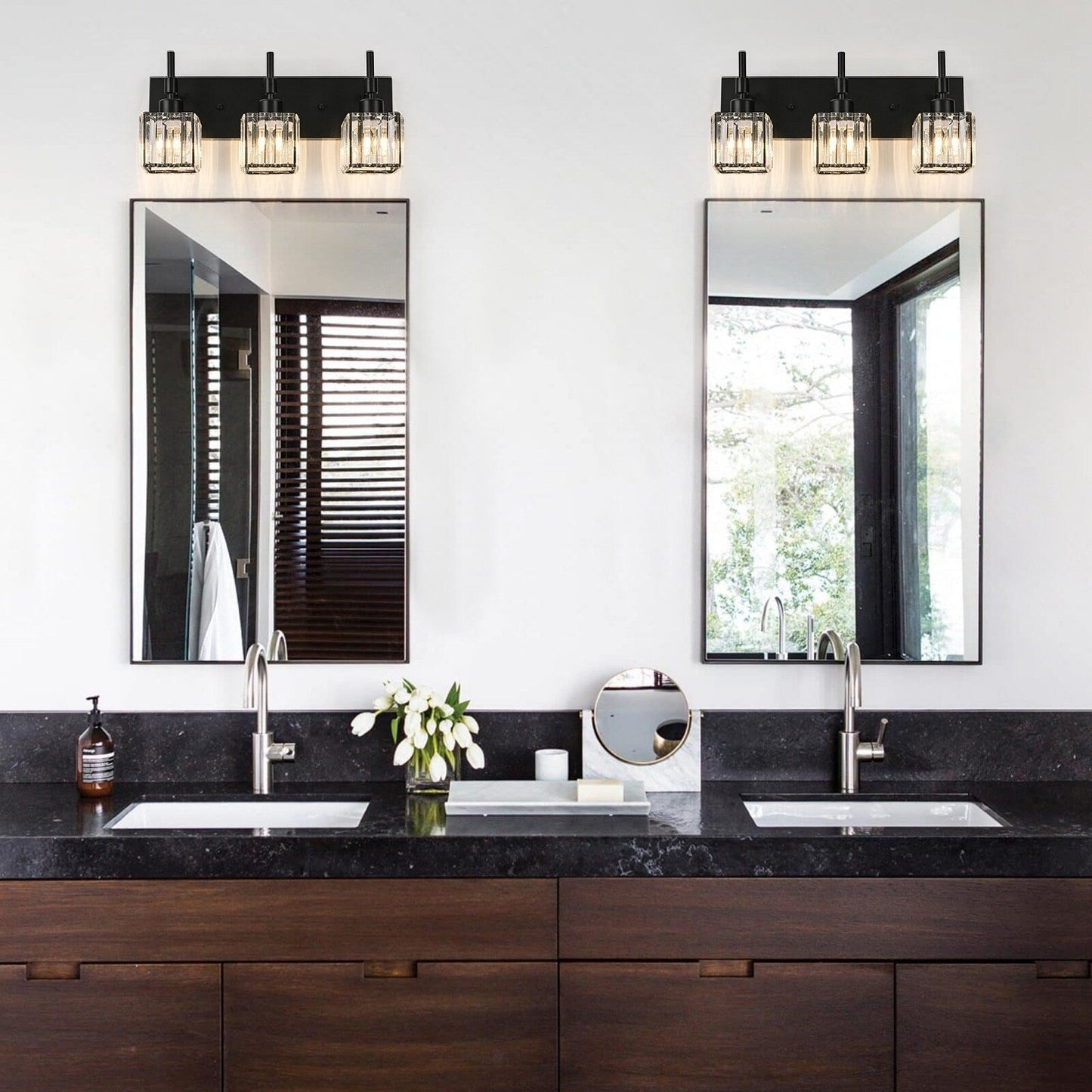 Ora Modern, lampade da bagno in cristallo dimmerabili sopra lo specchio, luci glamour per il bagno