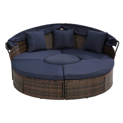 Divano letto rotondo da esterno in rattan con baldacchino e tavolino sollevabile, divano letto con seduta profonda blu navy, cuscini e cuscini lavabili