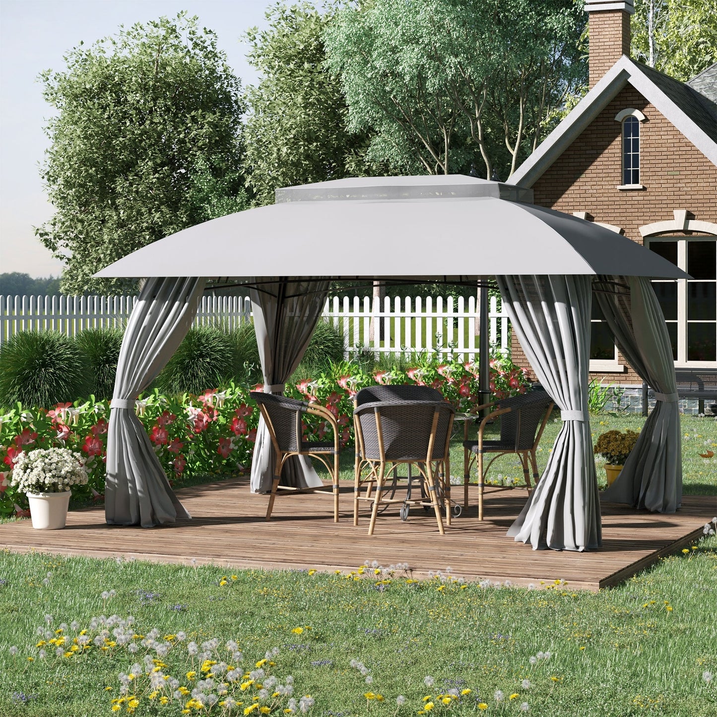 Gazebo da esterno Outsunny da 10' x 13' con pareti laterali, tetto a doppia ventilazione, struttura in acciaio