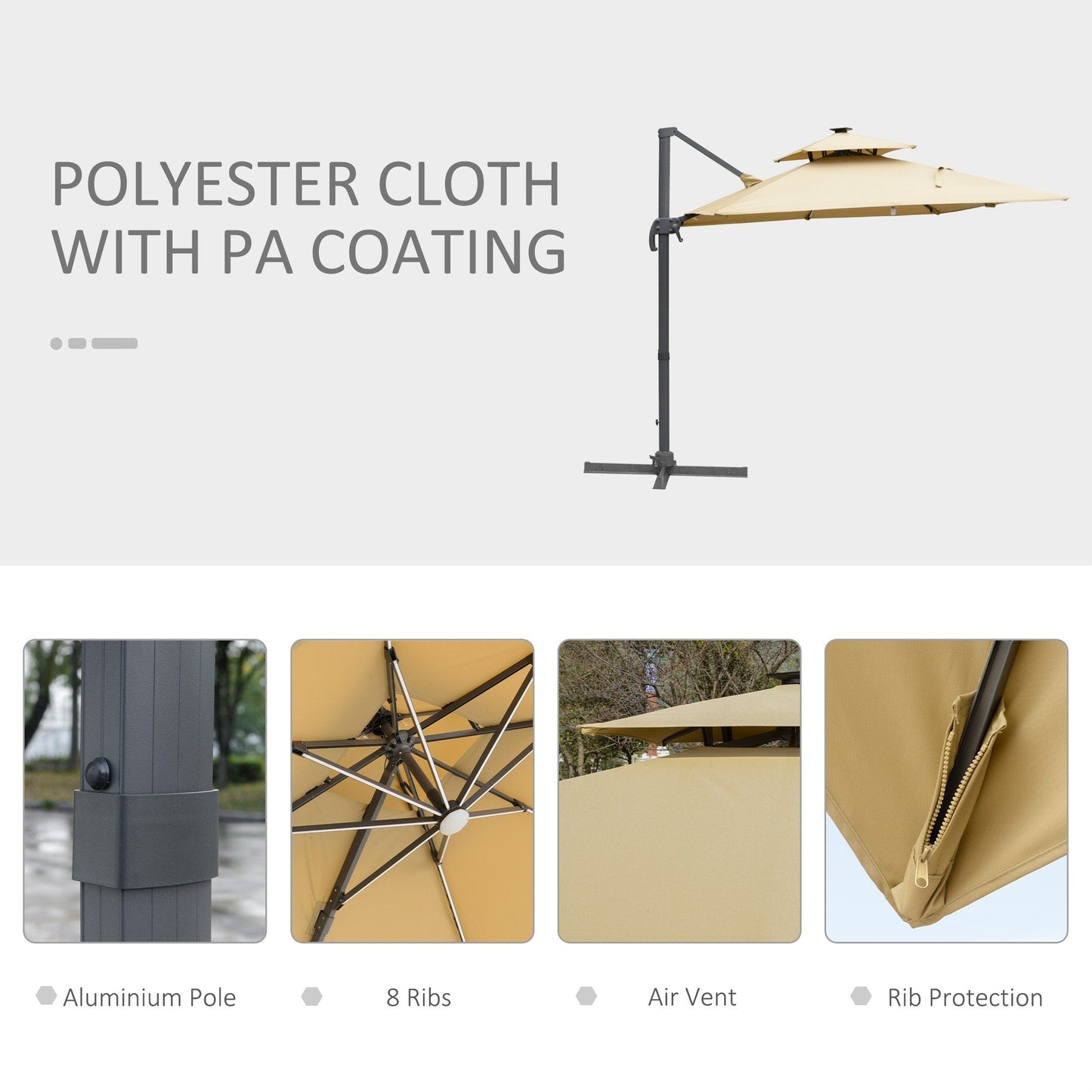 Ombrellone da giardino a LED solare Outsunny da 10 piedi, ombrellone sospeso con rotazione a 360°, base a croce, 8 stecche, inclinazione e manovella
