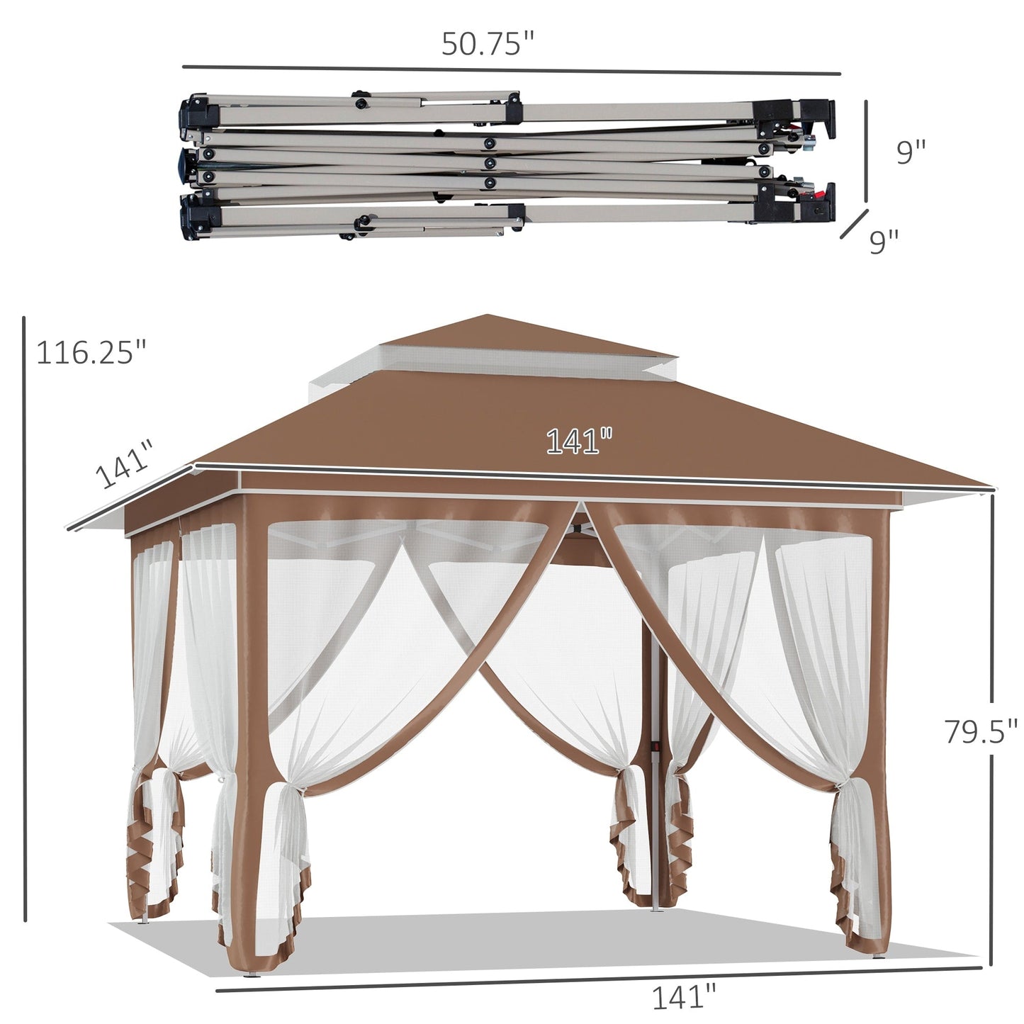 Tenda parasole Outsunny Pop Up Canopy da 12' x 12', pieghevole istantanea, con rete laterale in rete, altezza regolabile su 3 livelli