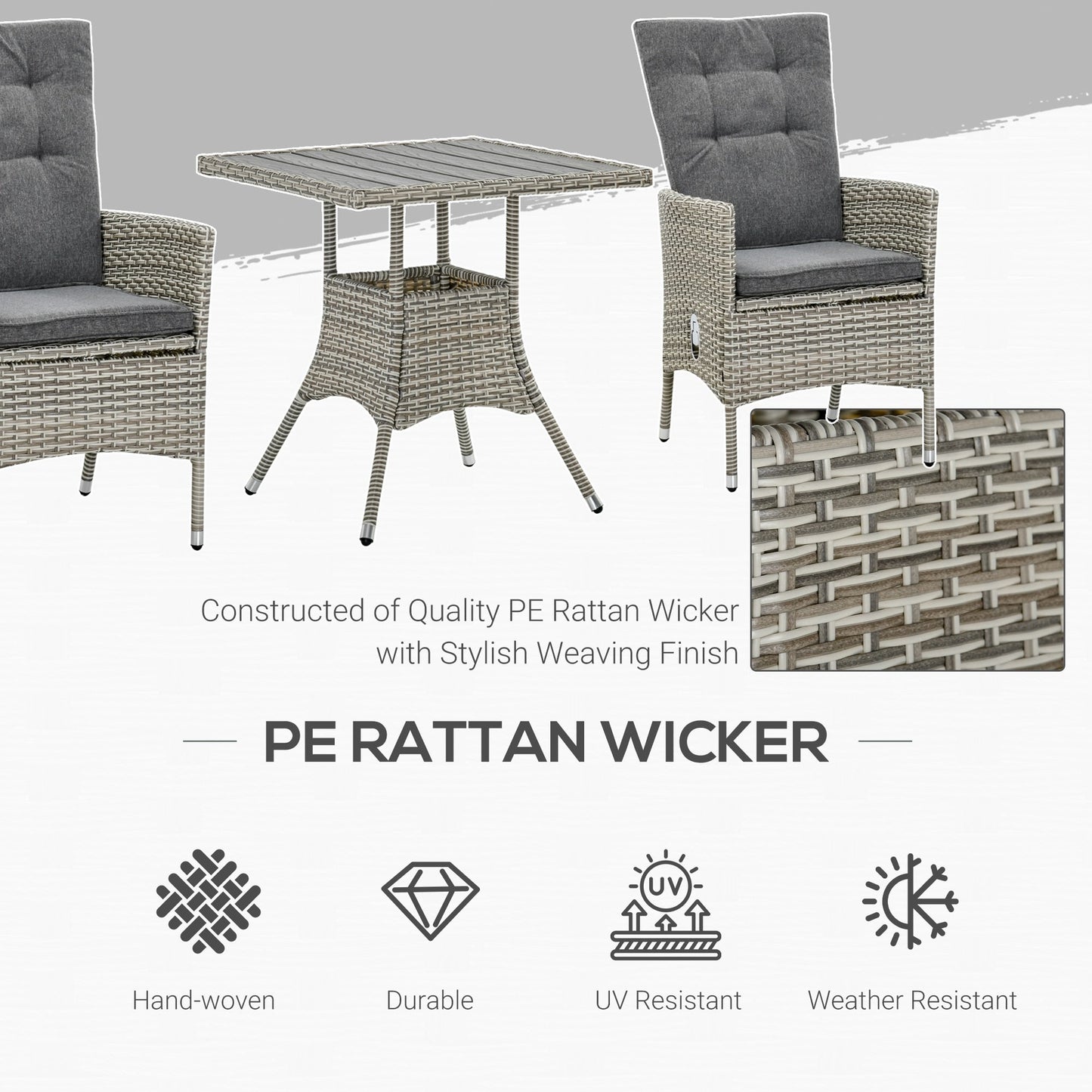 Outsunny Set di 3 divani da giardino in rattan PE, sedie reclinabili da esterno, tavolino da caffè con piano in plastica effetto legno