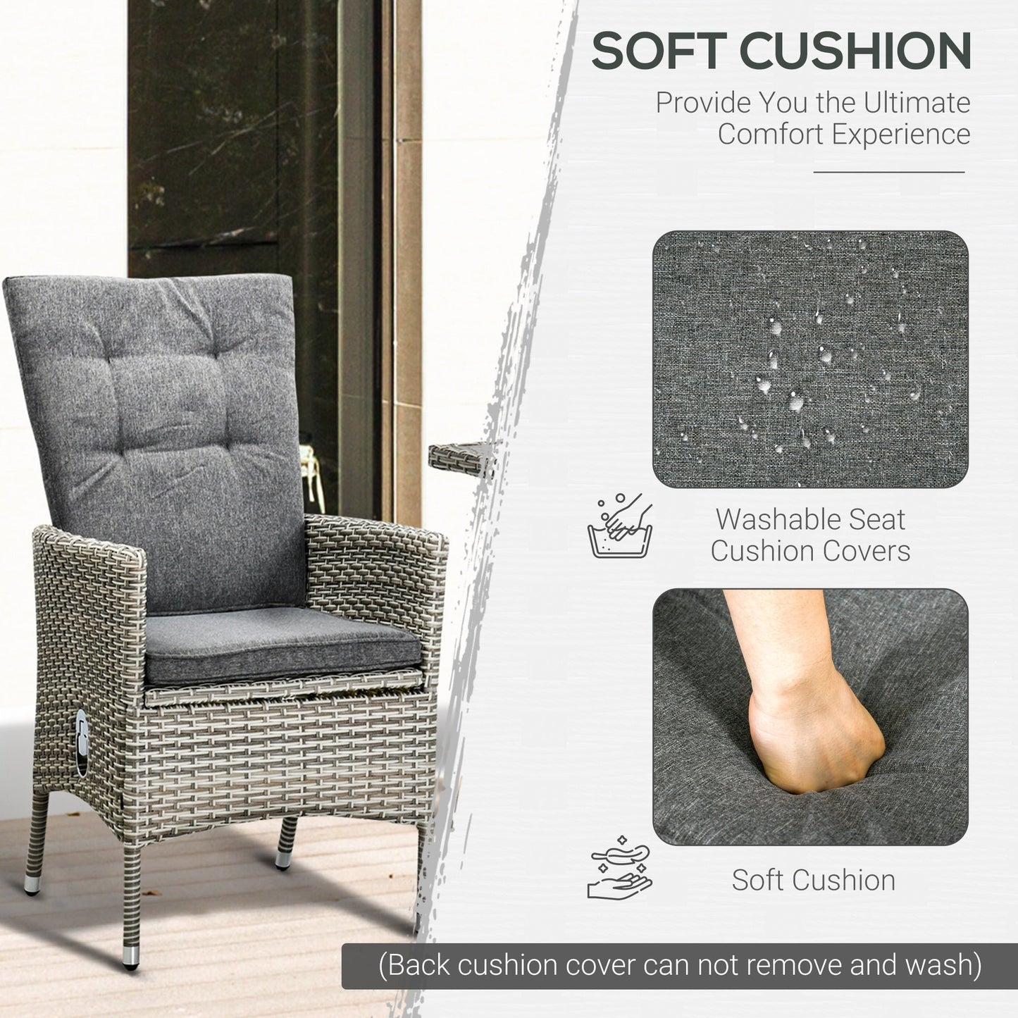 Outsunny Set di 3 divani da giardino in rattan PE, sedie reclinabili da esterno, tavolino da caffè con piano in plastica effetto legno