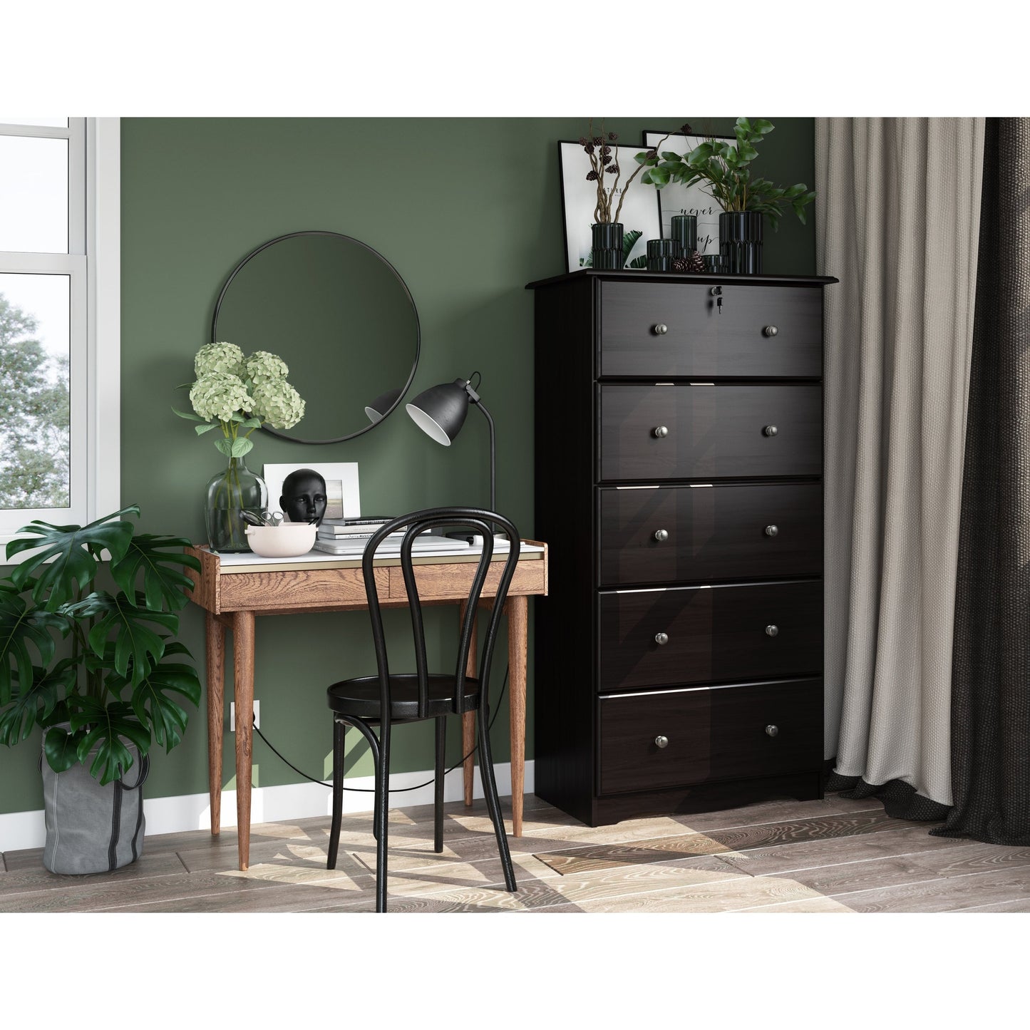 Palace Imports Cassettiera 100% in legno massello con 5 cassetti grandi, serratura, pomelli in metallo o legno