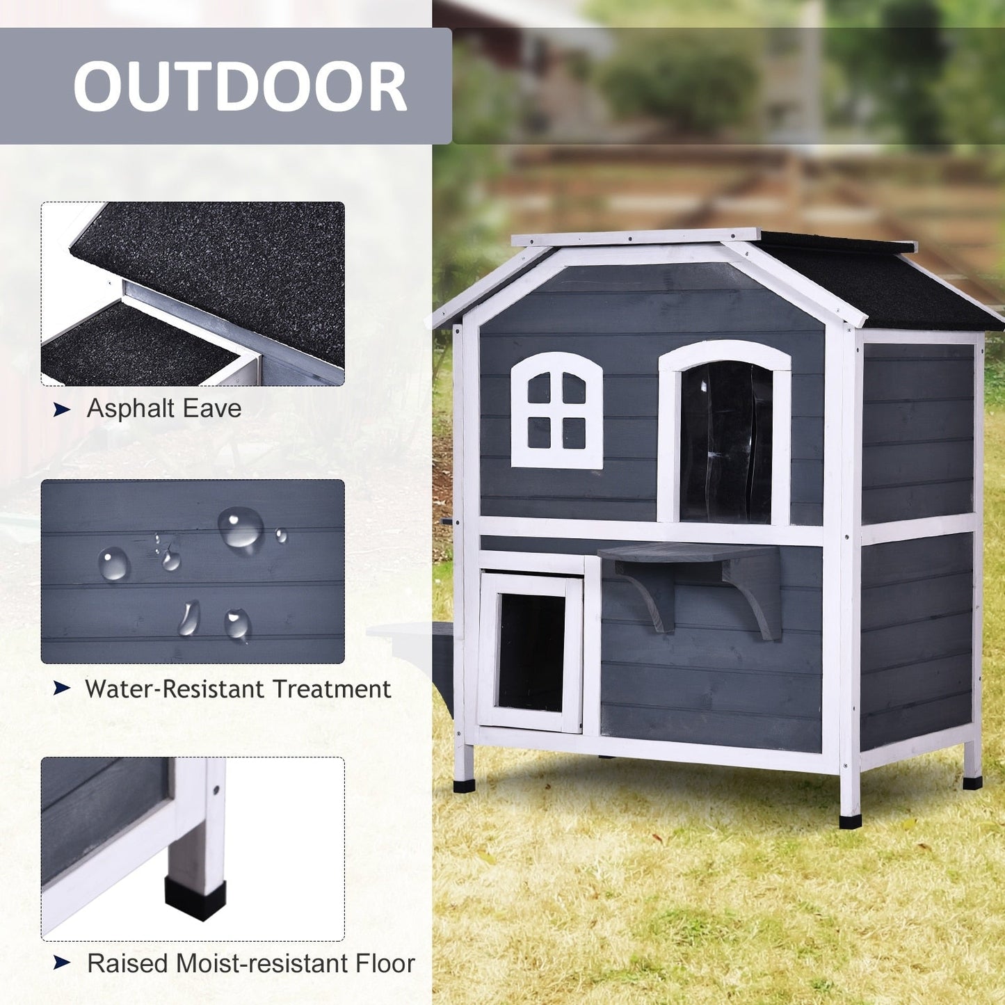 PawHut Fir Wood Cuccia per gatti da esterno a 2 piani, rifugio in legno per gatti selvatici con tetto apribile in asfalto per interni/esterni, bianco/grigio