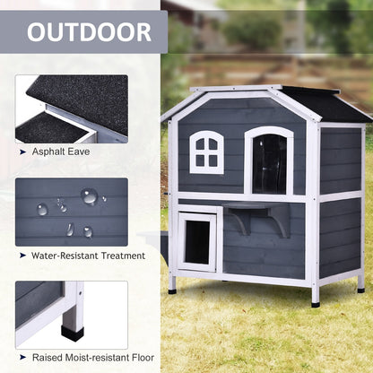 PawHut Fir Wood Cuccia per gatti da esterno a 2 piani, rifugio in legno per gatti selvatici con tetto apribile in asfalto per interni/esterni, bianco/grigio