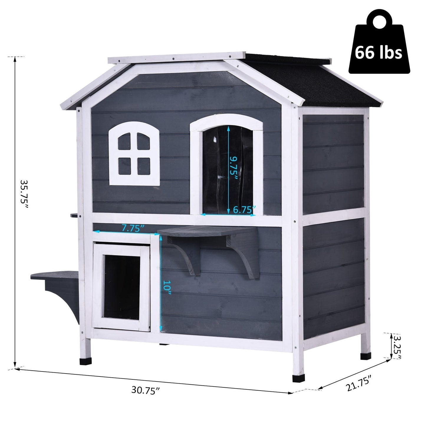 PawHut Fir Wood Cuccia per gatti da esterno a 2 piani, rifugio in legno per gatti selvatici con tetto apribile in asfalto per interni/esterni, bianco/grigio