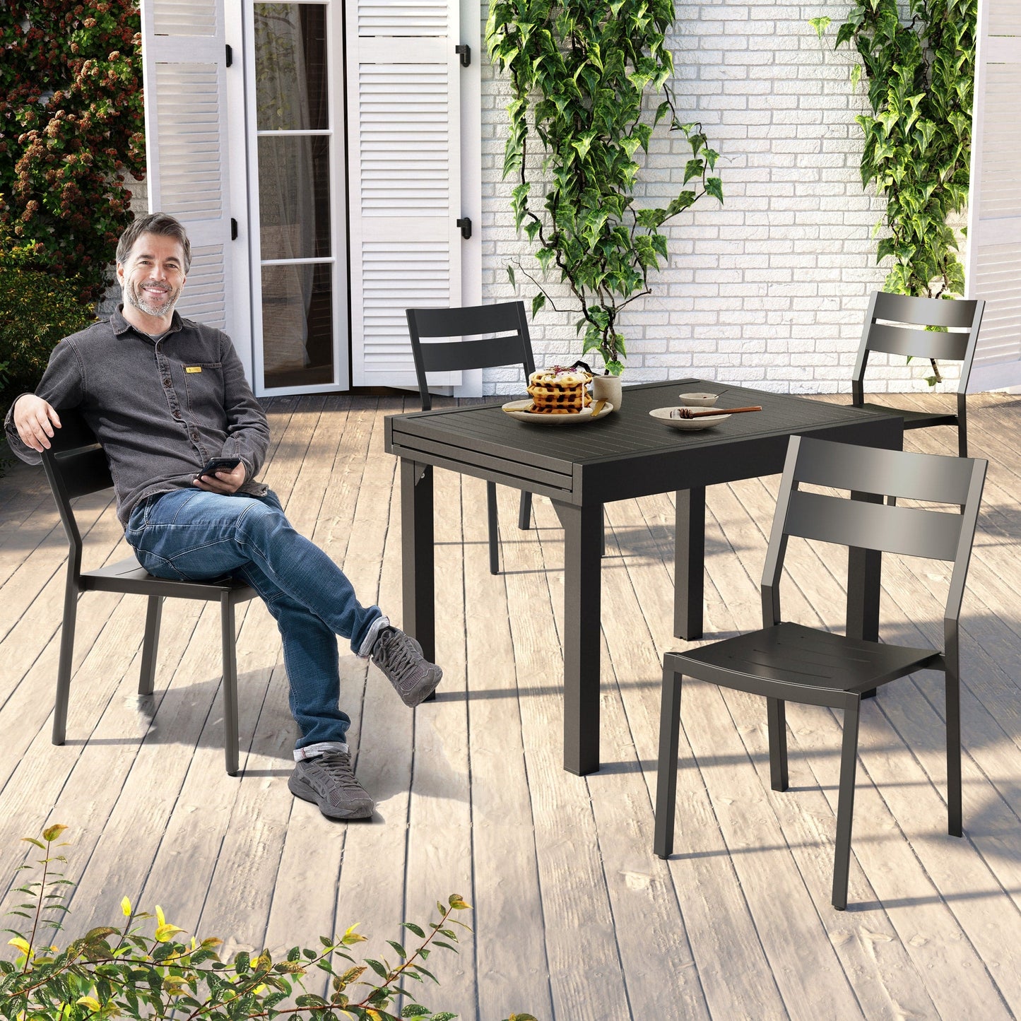 Set da pranzo per esterni in alluminio Pellebant da 5/7/9 pezzi con tavolo estensibile e sedie impilabili