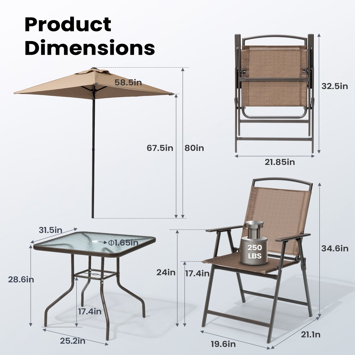 Set da giardino Pellebant da 6 pezzi con tavolo, ombrellone e 4 sedie pieghevoli - 22,4 L x 26,8 P x 34,4 A